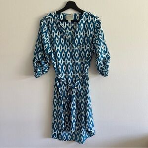 Maeve Blue Puff Sleeve V-Neck Dress Boho Print Travel Summer Sz S NWOT